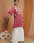 Solid A-Line Rayon Crinkle Kurti with Thread Embroidery