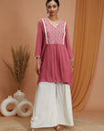 Solid A-Line Rayon Crinkle Kurti with Thread Embroidery