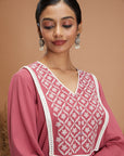 Solid A-Line Rayon Crinkle Kurti with Thread Embroidery