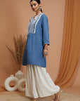 Solid A-Line Rayon Crinkle Kurti with Thread Embroidery