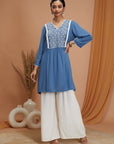 Solid A-Line Rayon Crinkle Kurti with Thread Embroidery