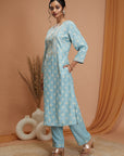 Ethnic Motif Cotton Kurta Set with Zari Embroidery, Palazzo & Chiffon Dupatta