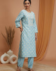 Ethnic Motif Cotton Kurta Set with Zari Embroidery, Palazzo & Chiffon Dupatta