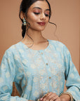 Ethnic Motif Cotton Kurta Set with Zari Embroidery, Palazzo & Chiffon Dupatta