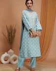 Ethnic Motif Cotton Kurta Set with Zari Embroidery, Palazzo & Chiffon Dupatta