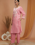 Solid A-Line Rayon Kurta Set with Lakhnavi Embroidery