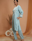 Solid A-Line Rayon Kurta Set with Lakhnavi Embroidery