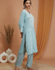 Solid A-Line Rayon Kurta Set with Lakhnavi Embroidery