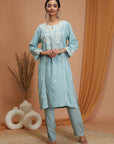Solid A-Line Rayon Kurta Set with Lakhnavi Embroidery