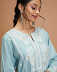 Solid A-Line Rayon Kurta Set with Lakhnavi Embroidery