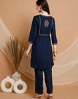 Embroidered Nylon Viscose Kurta Set with V-Neck & Pocketed Palazzo