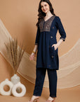 Embroidered Nylon Viscose Kurta Set with V-Neck & Pocketed Palazzo