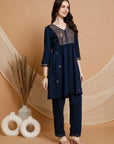 Embroidered Nylon Viscose Kurta Set with V-Neck & Pocketed Palazzo