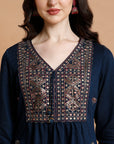 Embroidered Nylon Viscose Kurta Set with V-Neck & Pocketed Palazzo