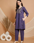 Embroidered Nylon Viscose Kurta Set with V-Neck & Pocketed Palazzo