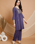 Embroidered Nylon Viscose Kurta Set with V-Neck & Pocketed Palazzo