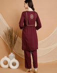 Embroidered Nylon Viscose Kurta Set with V-Neck & Pocketed Palazzo