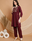 Embroidered Nylon Viscose Kurta Set with V-Neck & Pocketed Palazzo
