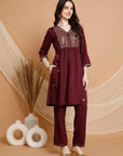 Embroidered Nylon Viscose Kurta Set with V-Neck & Pocketed Palazzo