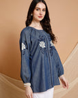 Embroidered Cotton Kurti with Elasticated Sleeves & Round Neck