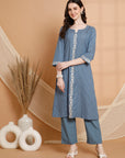 Solid Straight Cotton Linen Kurta Set with Embroidered Details & Silk Dupatta