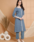 Solid Straight Cotton Linen Kurta Set with Embroidered Details & Silk Dupatta