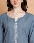 Solid Straight Cotton Linen Kurta Set with Embroidered Details & Silk Dupatta