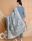 Solid Straight Cotton Linen Kurta Set with Embroidered Details & Silk Dupatta