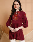Solid Embroidered Flared Rayon Kurti