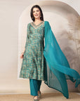 Printed Straight Chanderi Kurta Set with Dupatta for Women