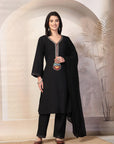 Zari Embroidered Cotton Linen Kurta Set with Palazzo & Lace Chiffon Dupatta