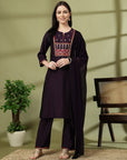 Embroidered A-Line Kurta Set with Palazzo and Lace-Detailed Dupatta
