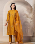 Solid Embroidered Straight Silk Kurta Set with Dupatta for Women