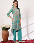Floral Printed A-Line High Low Chanderi Kurta Set with Embroidery