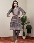 Ethnic Motif Printed A-Line Poly Muslin Kurta Set with Sewroskie Work