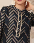 Stripe Printed A-Line Poly Viscose Kurta Set with Zari Embroidery
