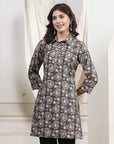 Floral Printed Straight Modal Chanderi Kurti with Shirt Collar