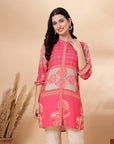 Floral Crepe Straight-Fit Tunic with Mandarin Collar & Elasticated Sleeves