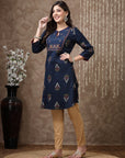 Floral Printed A-Line Rayon Slub Kurta