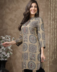 Ethnic motif viscose kurti with mirror detailing and 3/4th sleeves