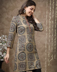Ethnic motif viscose kurti with mirror detailing and 3/4th sleeves