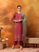 Floral Wool Blend Kurta Set with Embroidered Mandarin Collar & Printed Dupatta