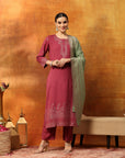 Floral Wool Blend Kurta Set with Embroidered Mandarin Collar & Printed Dupatta