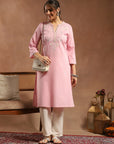 Solid Cotton Straight Kurta with Thread Embroidery & Lace Cuff Details