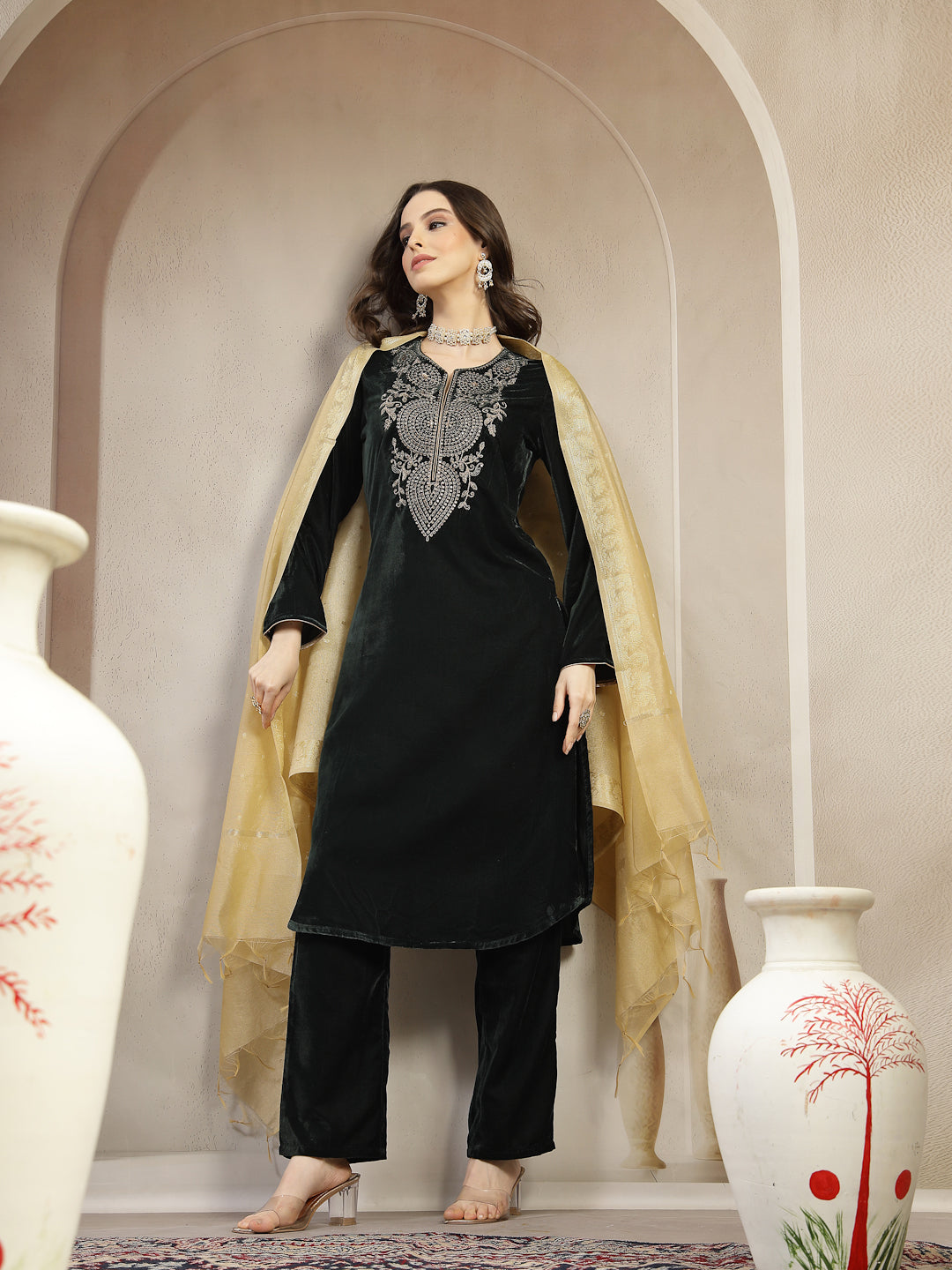 Velvet Zari-Embroidered Kurta Set with Palazzo &amp; Banarasi Dupatta