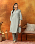 Silk Blend Embroidered Kurta Set with Palazzo & Lace Hem