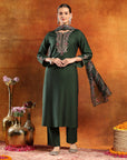 Poly Viscose Embroidered Kurta Set with Silk Palazzo & Printed Chiffon Dupatta