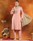 Knitted Wool Kurta Set with Ari Embroidery & Tasselled Dupatta