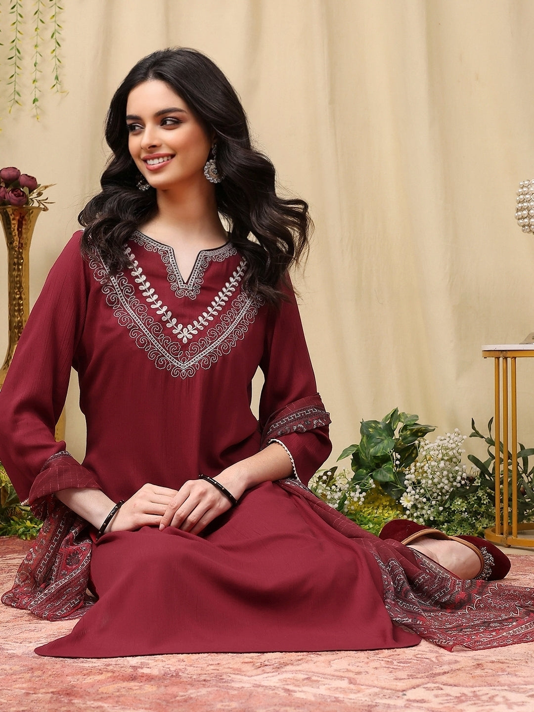 Thread Embroidered Rayon Kurta Set with Lace Sleeves &amp; Printed Dupatta