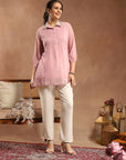 Solid Chiffon Tunic with Mirror Embroidery & Shirt Collar
